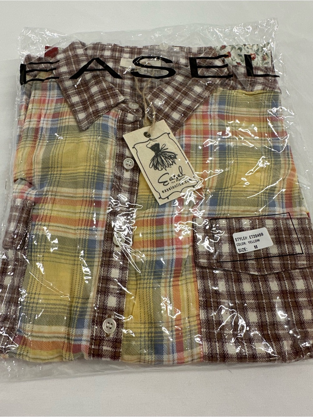 NWT EASEL Yellow Patchwork Oversized Plaid Floral Button Up Boho Tunic Size Med